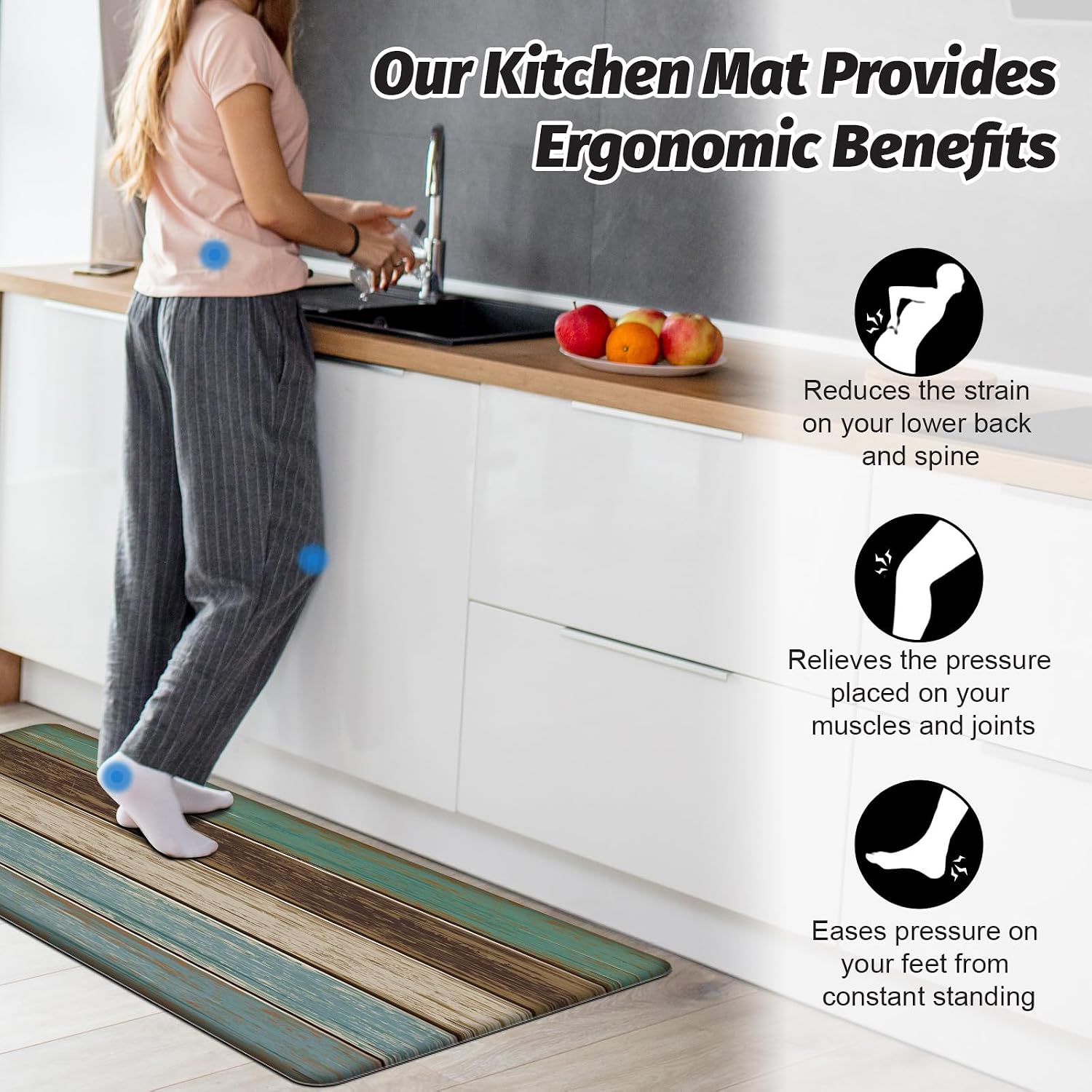 MAYHMYO Teal Wood Kitchen Mat Set