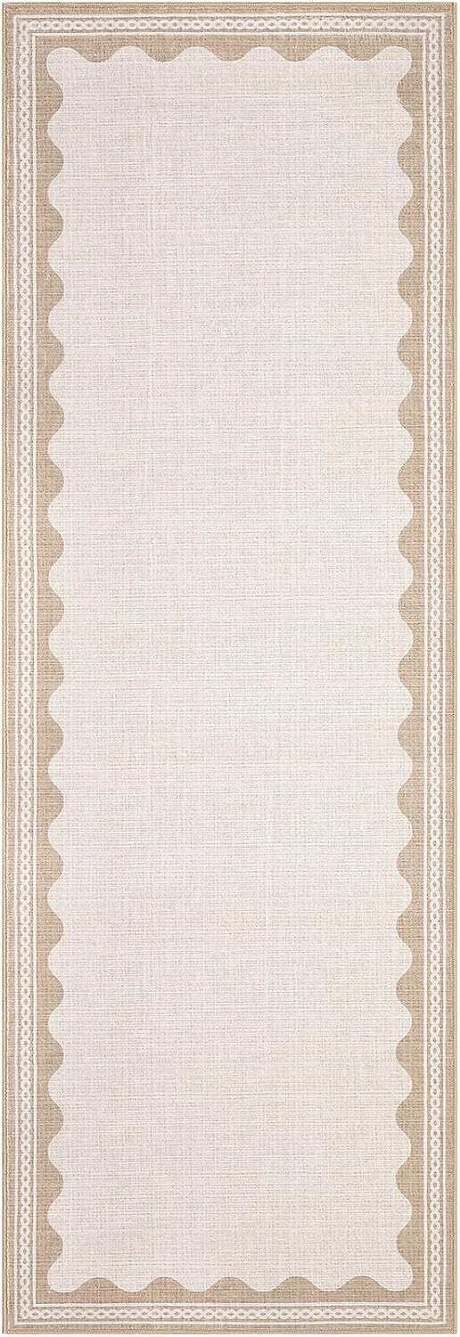 Beige Scalloped Washable Runner Rug