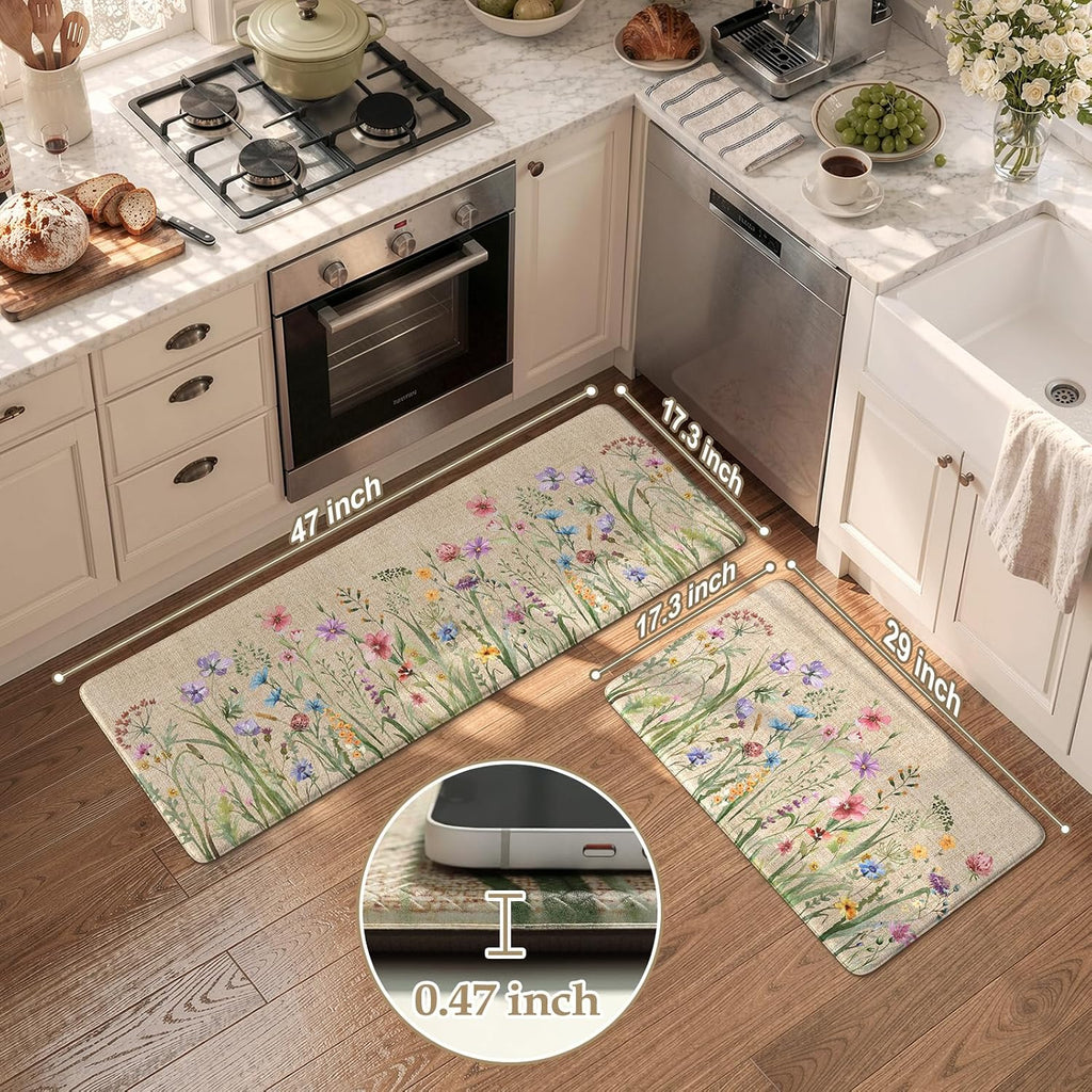 KIMODE Brown Floral Kitchen Mat Set