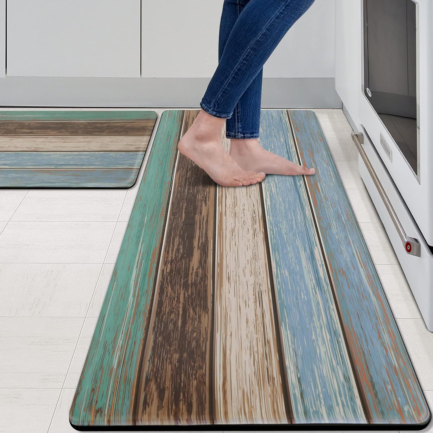 MAYHMYO Teal Wood Kitchen Mat Set