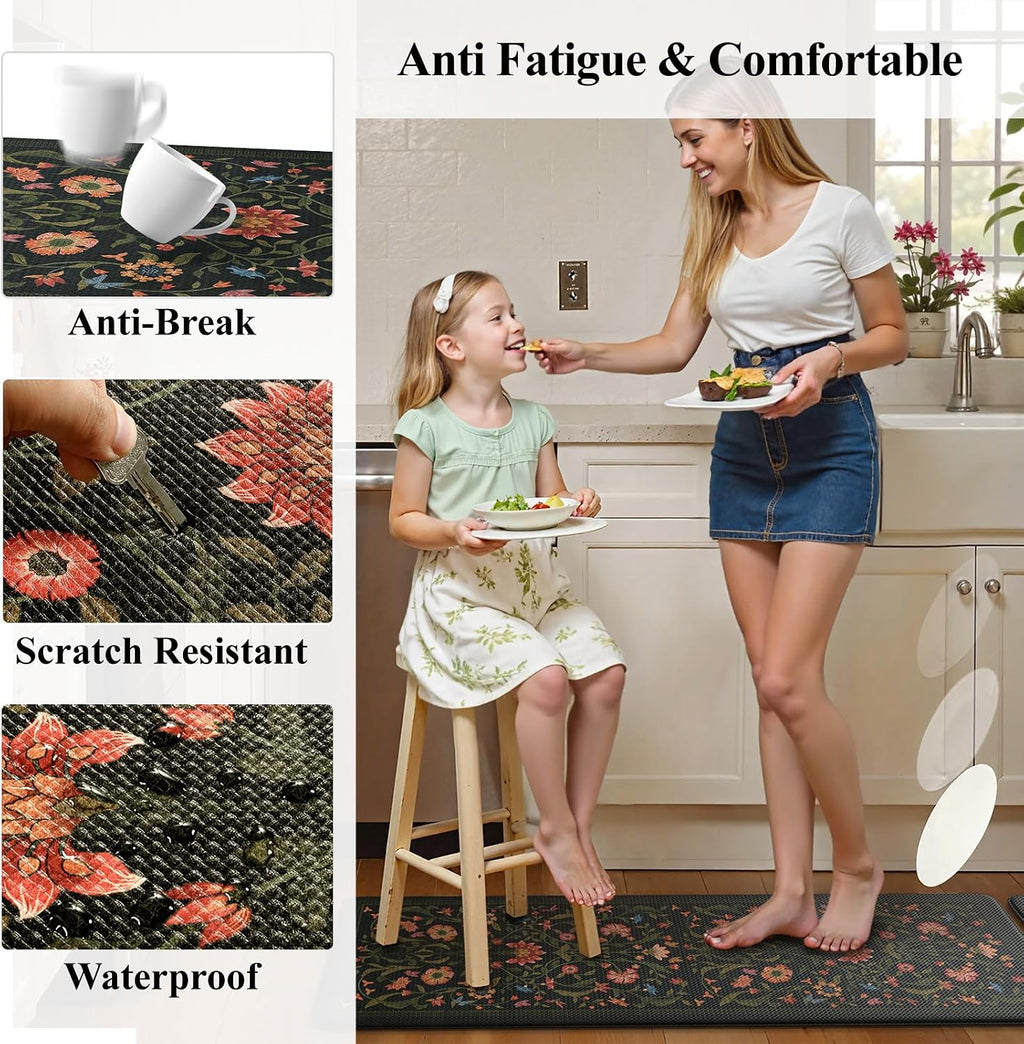 Collive Black Floral Kitchen Mat Set