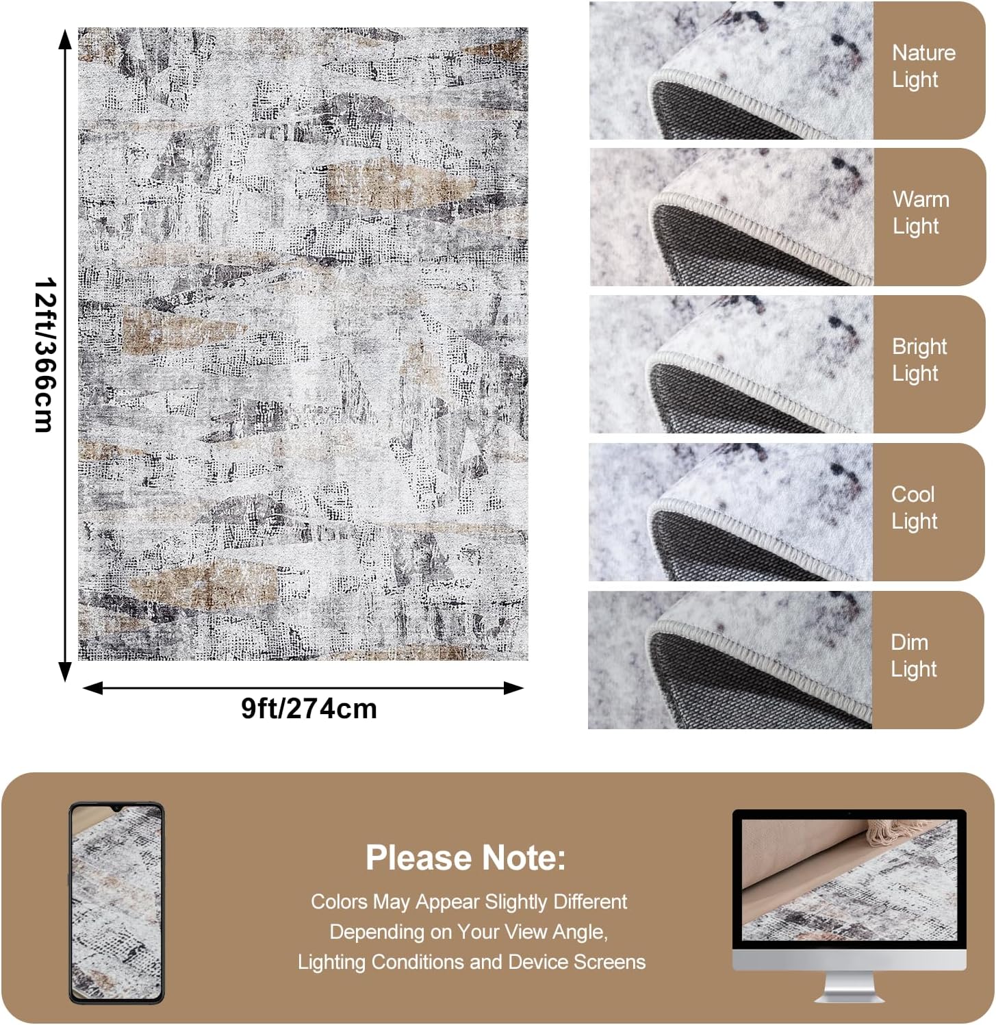 Brown Gray Farmhouse Washable Area Rugs