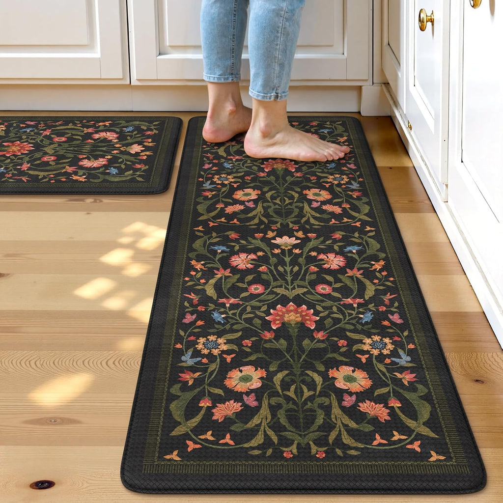 Collive Black Floral Kitchen Mat Set