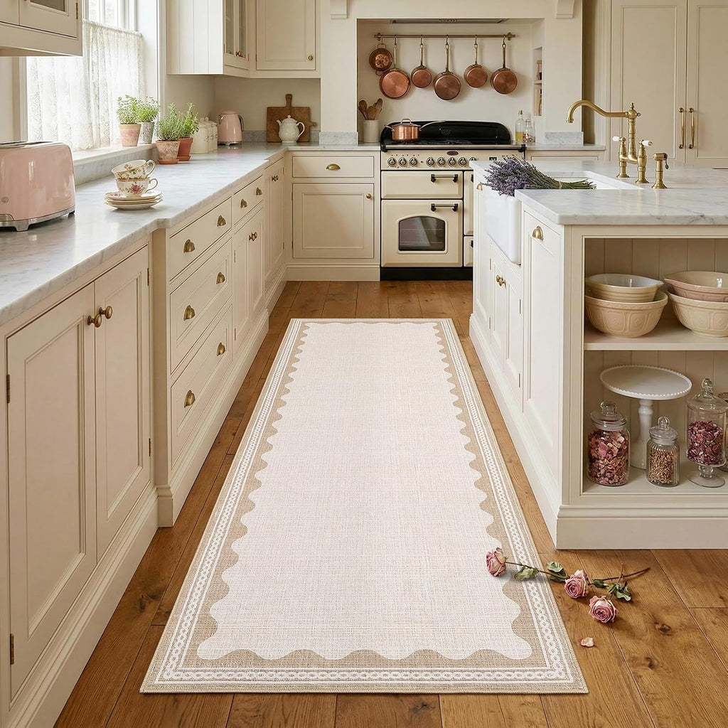 Beige Scalloped Washable Runner Rug