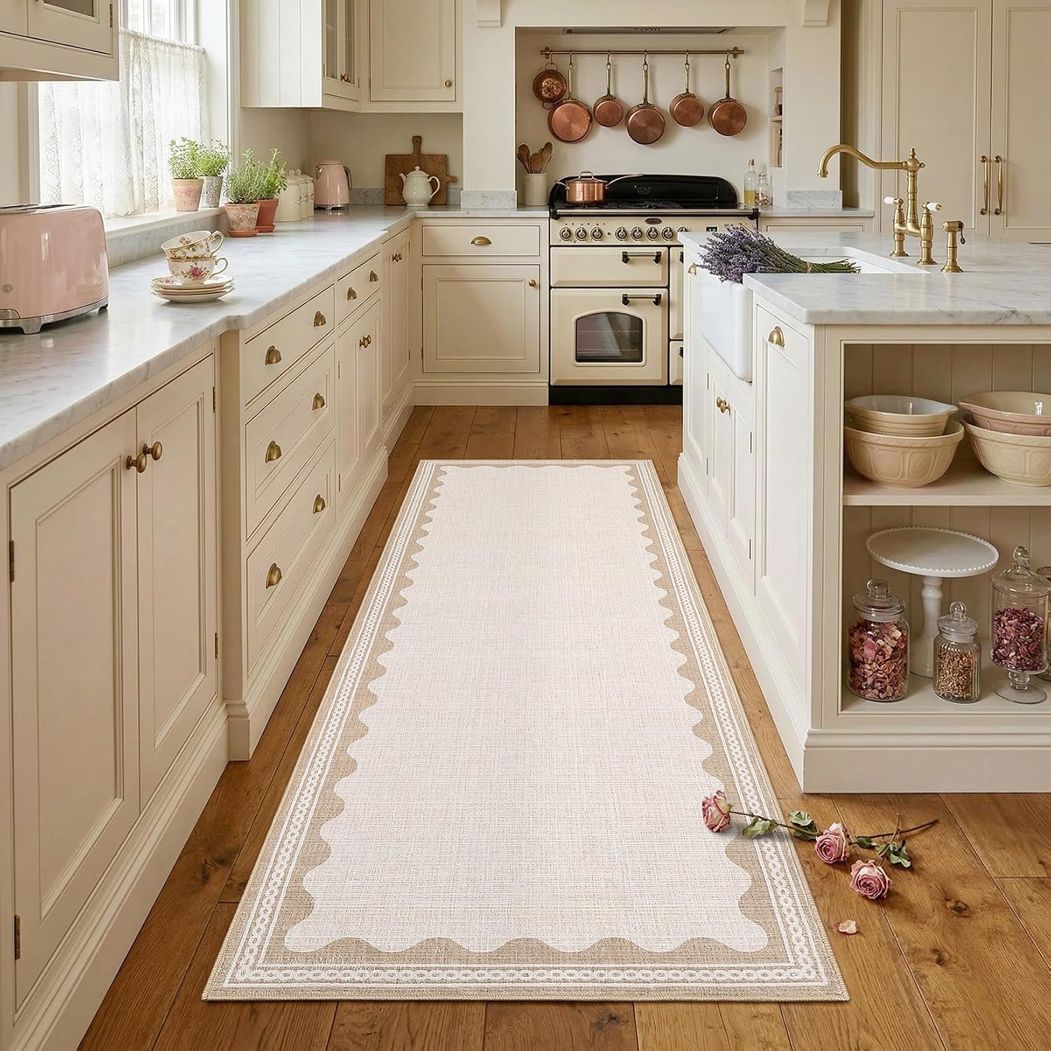 Beige Scalloped Washable Runner Rug