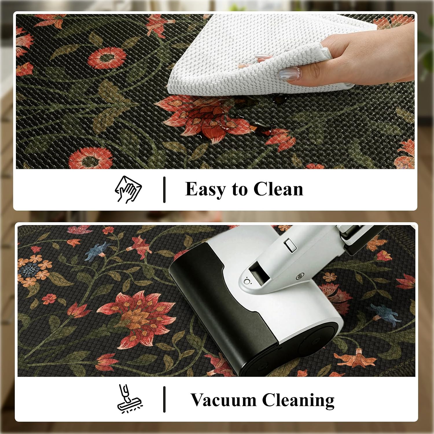 Collive Black Floral Kitchen Mat Set