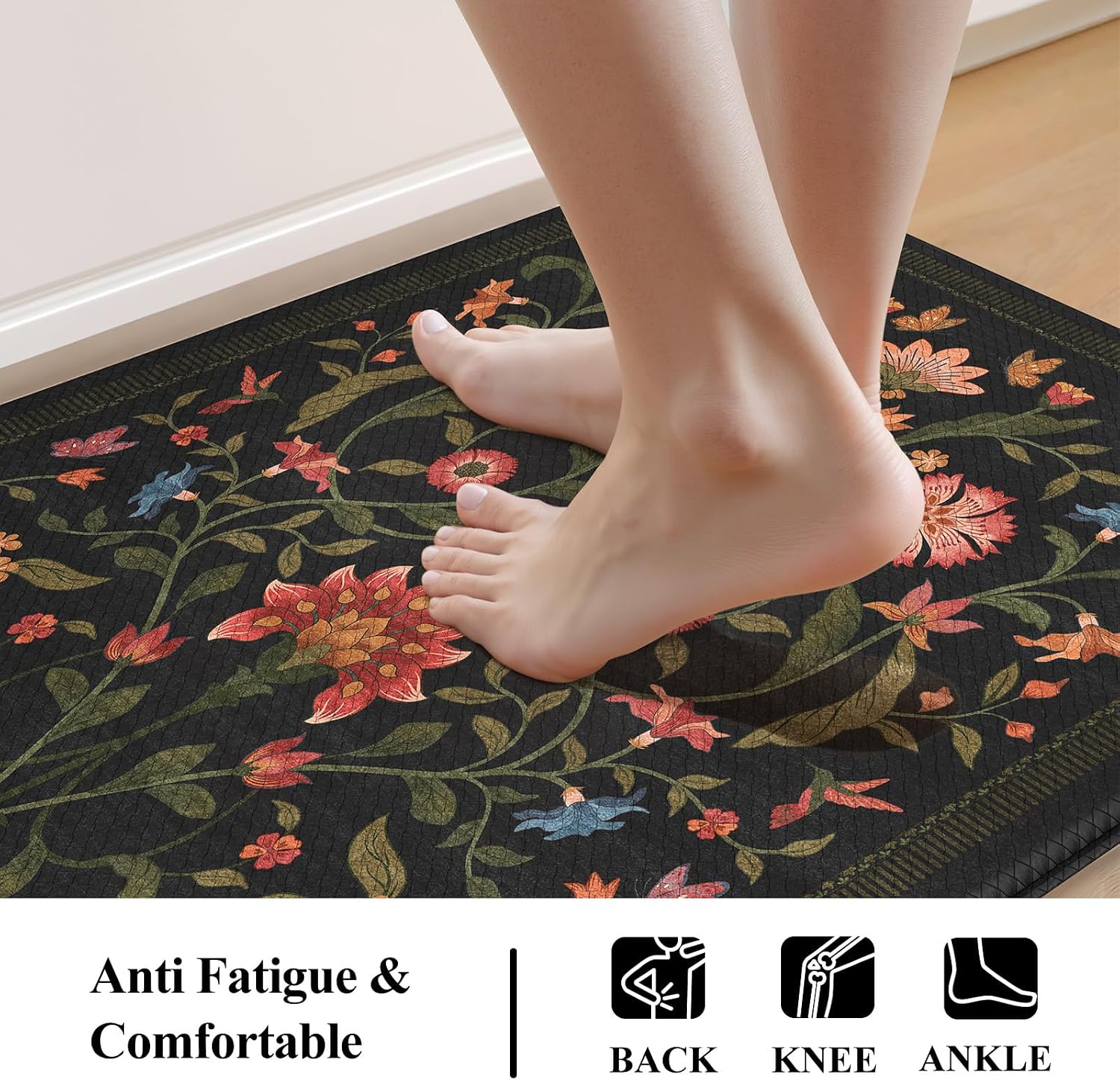Collive Black Floral Kitchen Mat Set