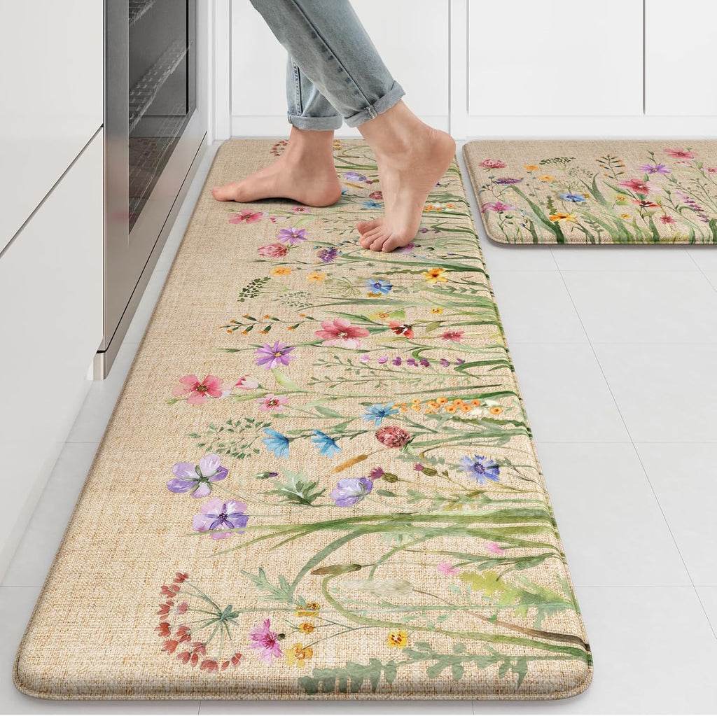 KIMODE Brown Floral Kitchen Mat Set