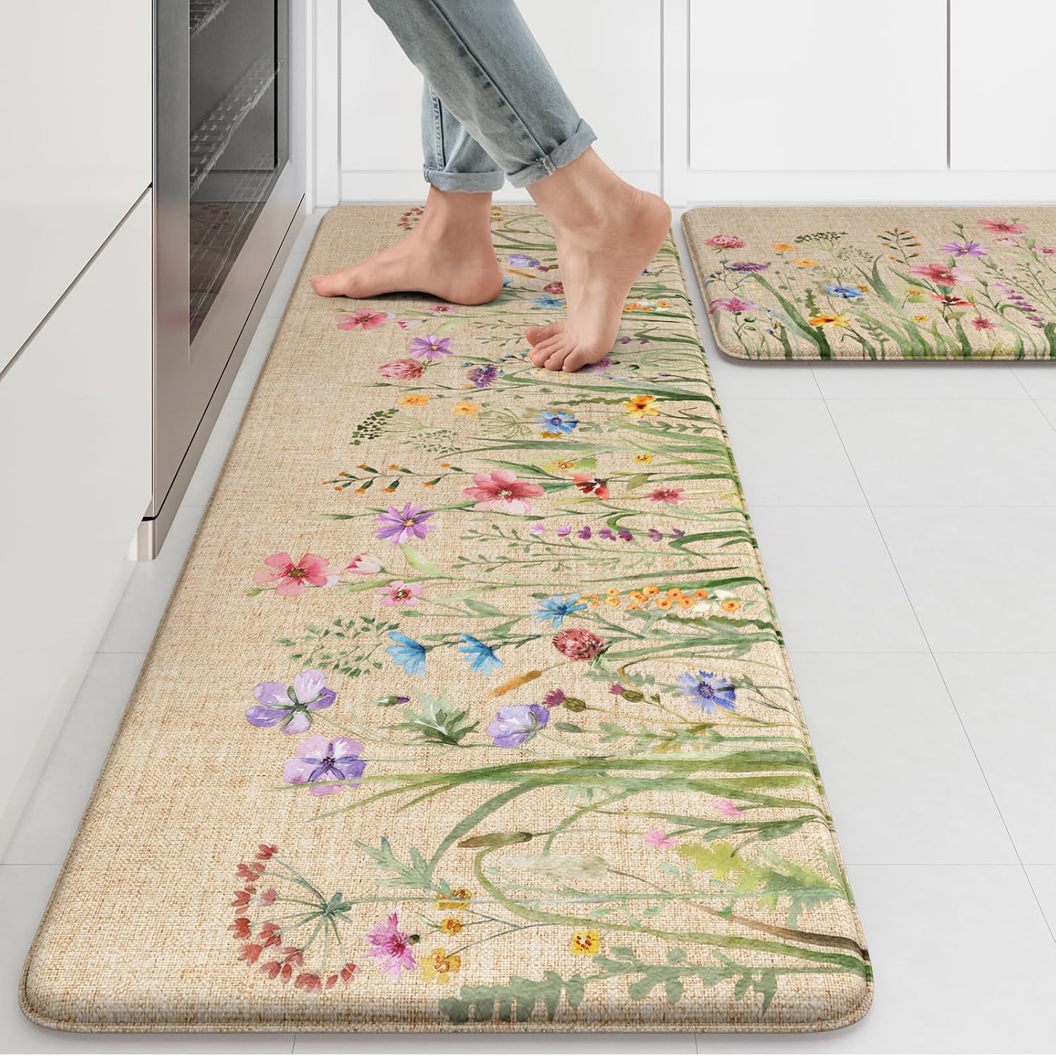 KIMODE Brown Floral Kitchen Mat Set