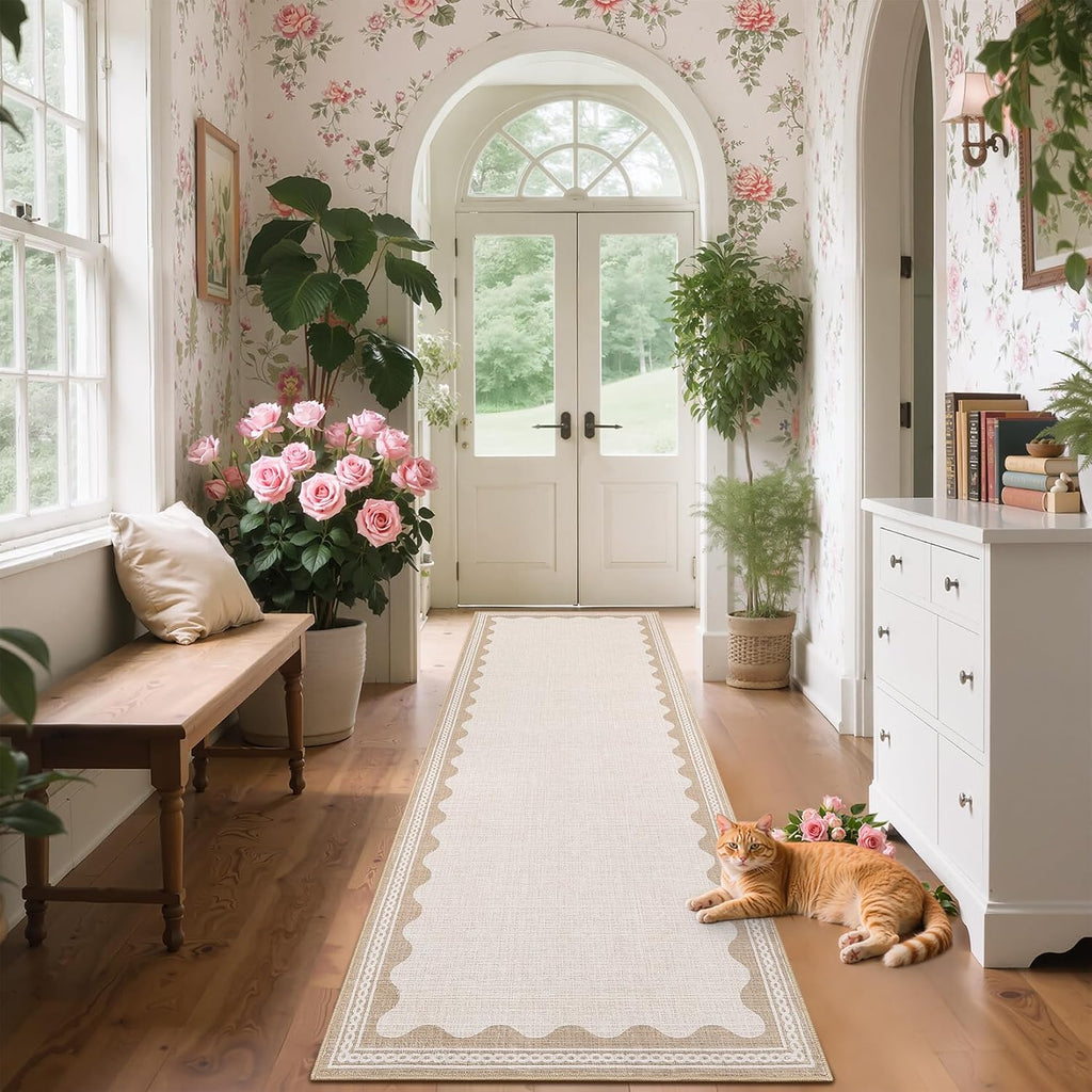 Beige Scalloped Washable Runner Rug