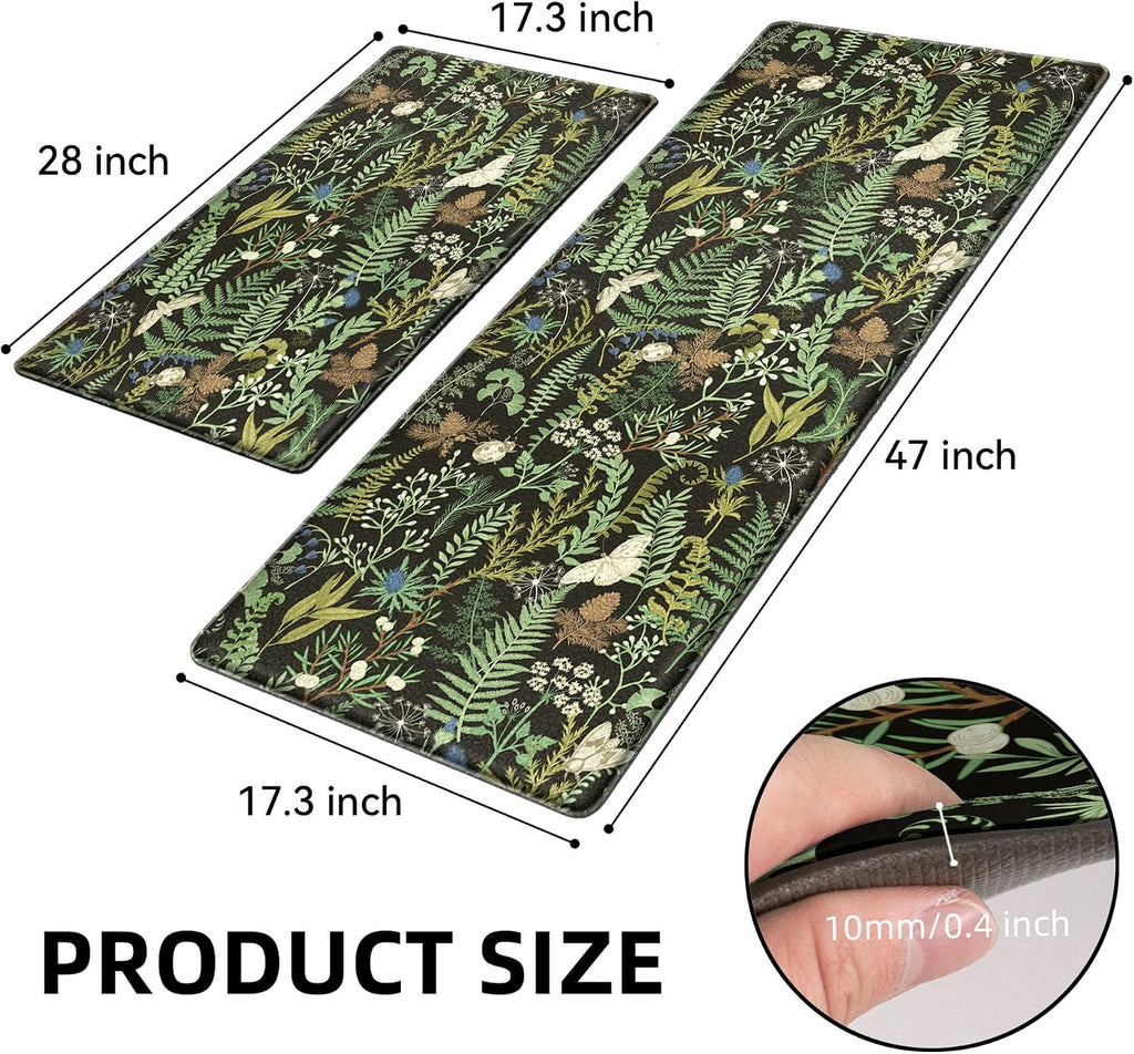 Black Green Botanical Anti Fatigue Kitchen Mat Set