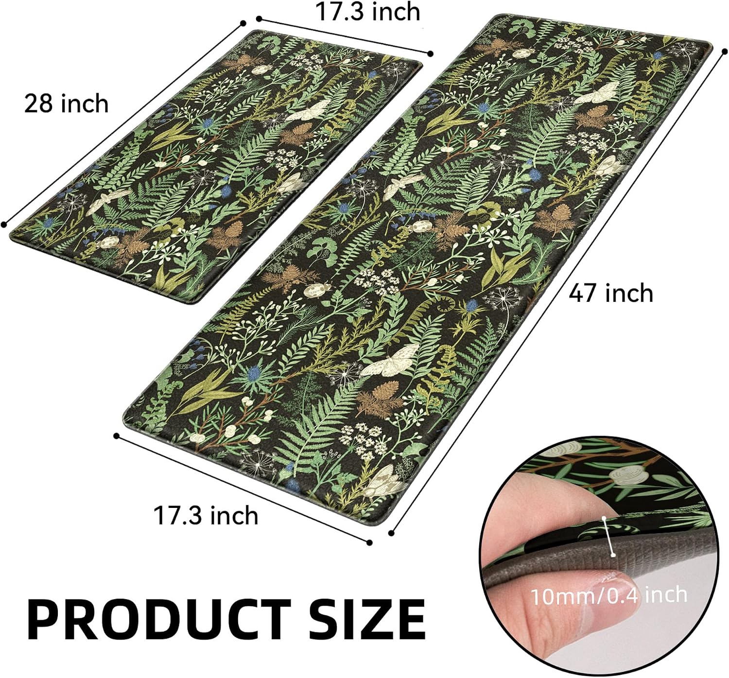 Black Green Botanical Anti Fatigue Kitchen Mat Set