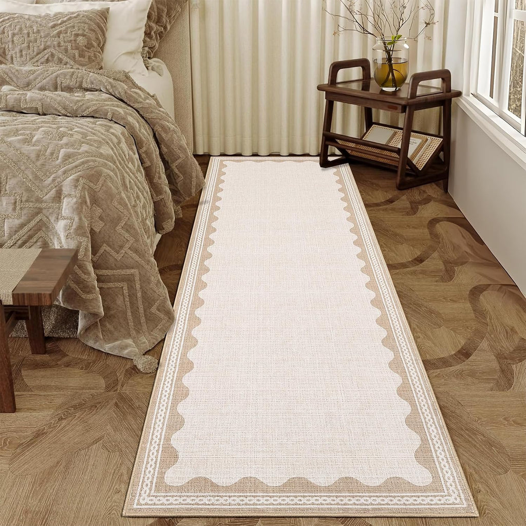 Beige Scalloped Washable Runner Rug