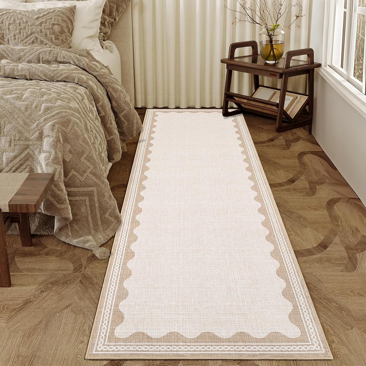 Beige Scalloped Washable Runner Rug