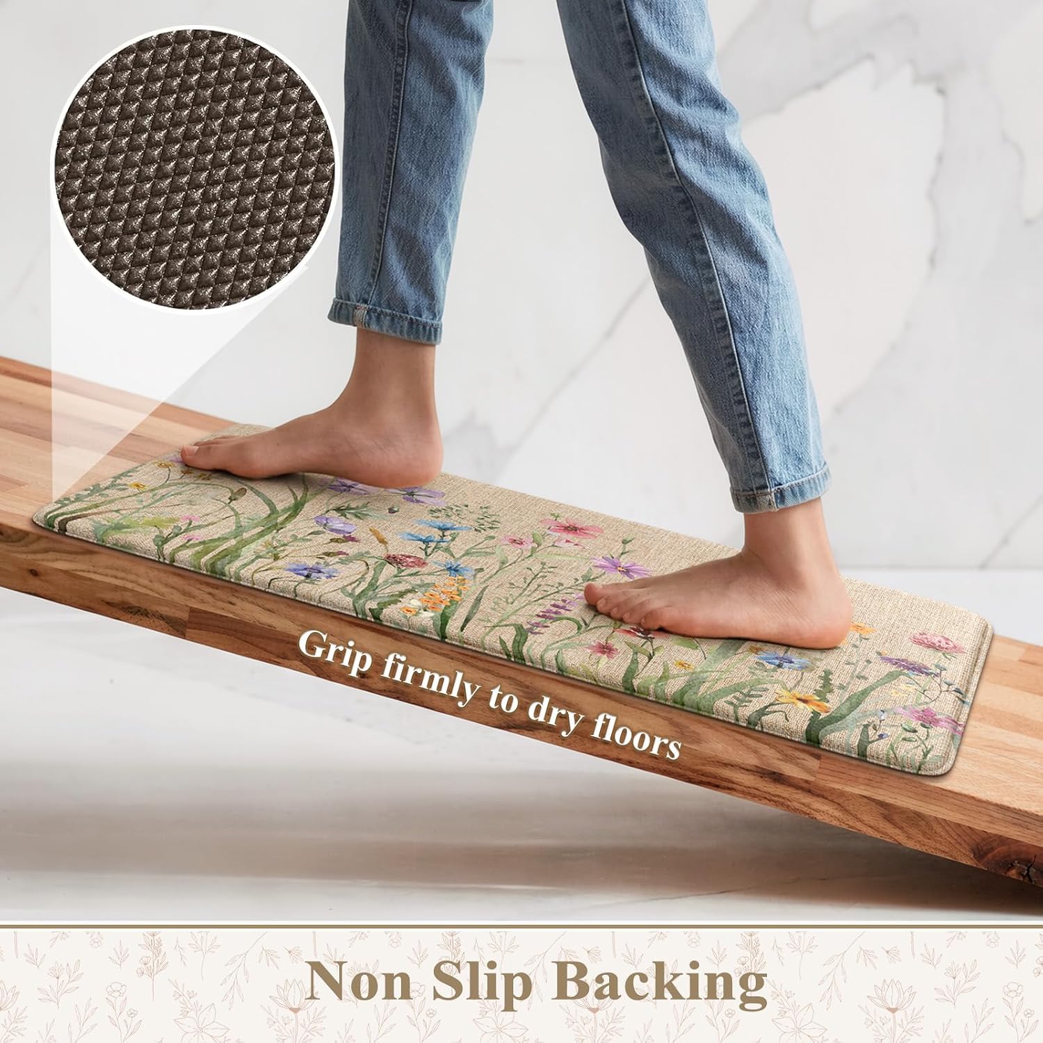 KIMODE Brown Floral Kitchen Mat Set