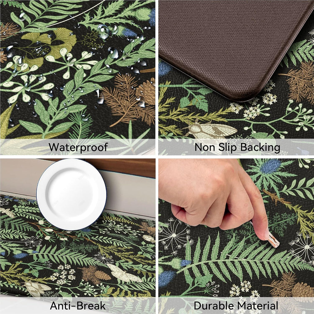 Black Green Botanical Anti Fatigue Kitchen Mat Set