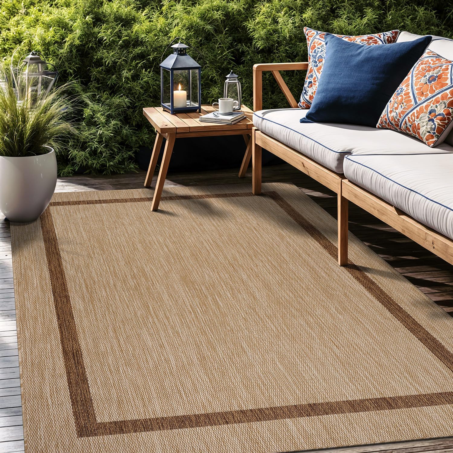 Home Beige Border Jute Outdoor Rug