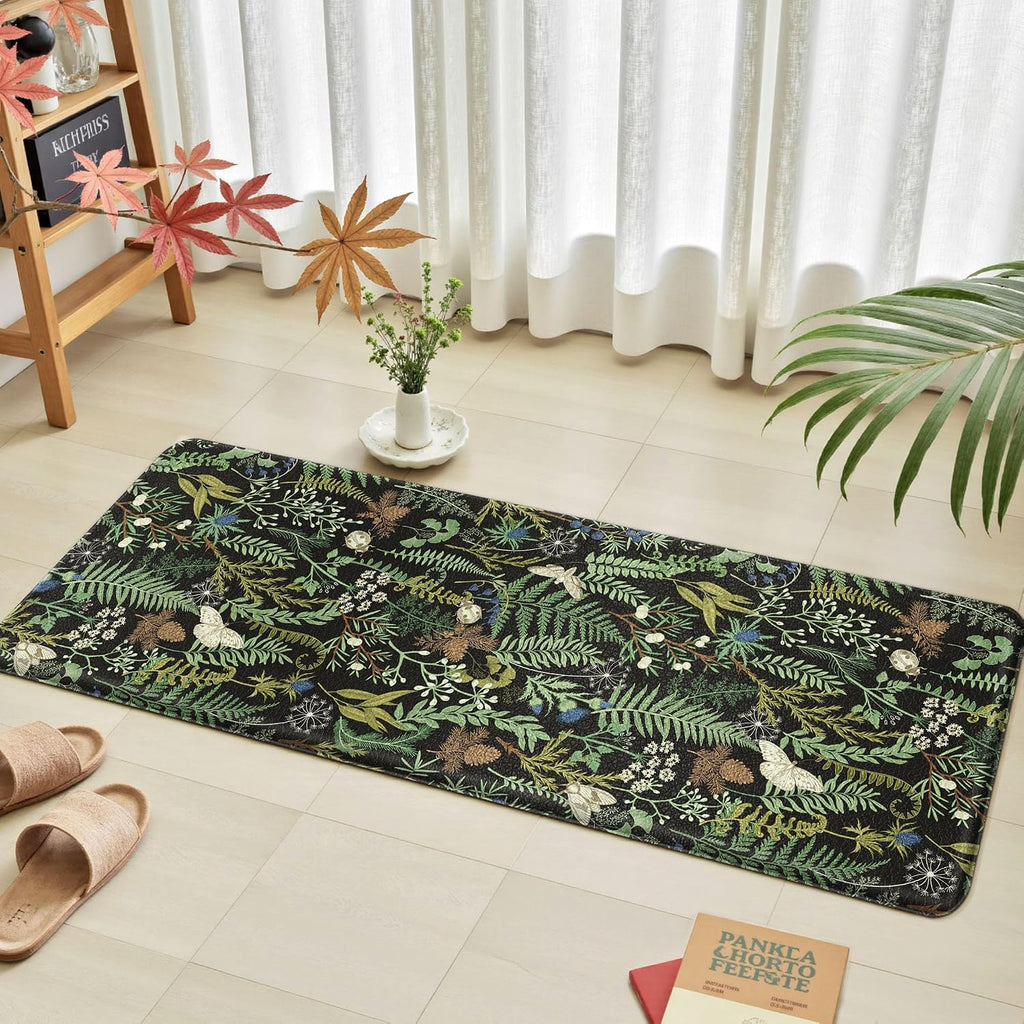 Black Green Botanical Anti Fatigue Kitchen Mat Set