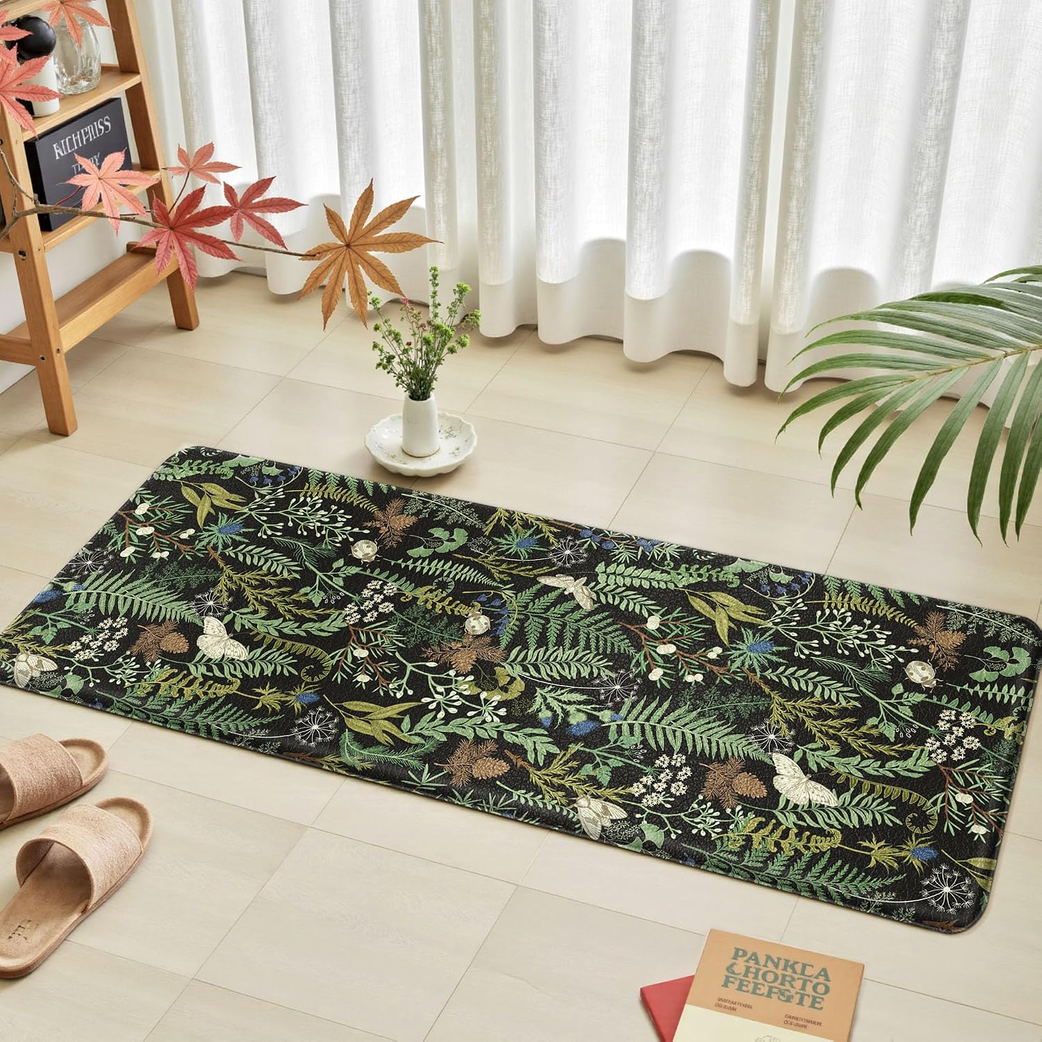 Black Green Botanical Anti Fatigue Kitchen Mat Set