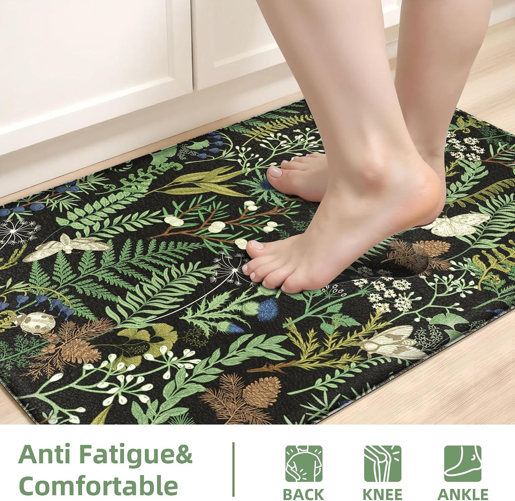 Black Green Botanical Anti Fatigue Kitchen Mat Set