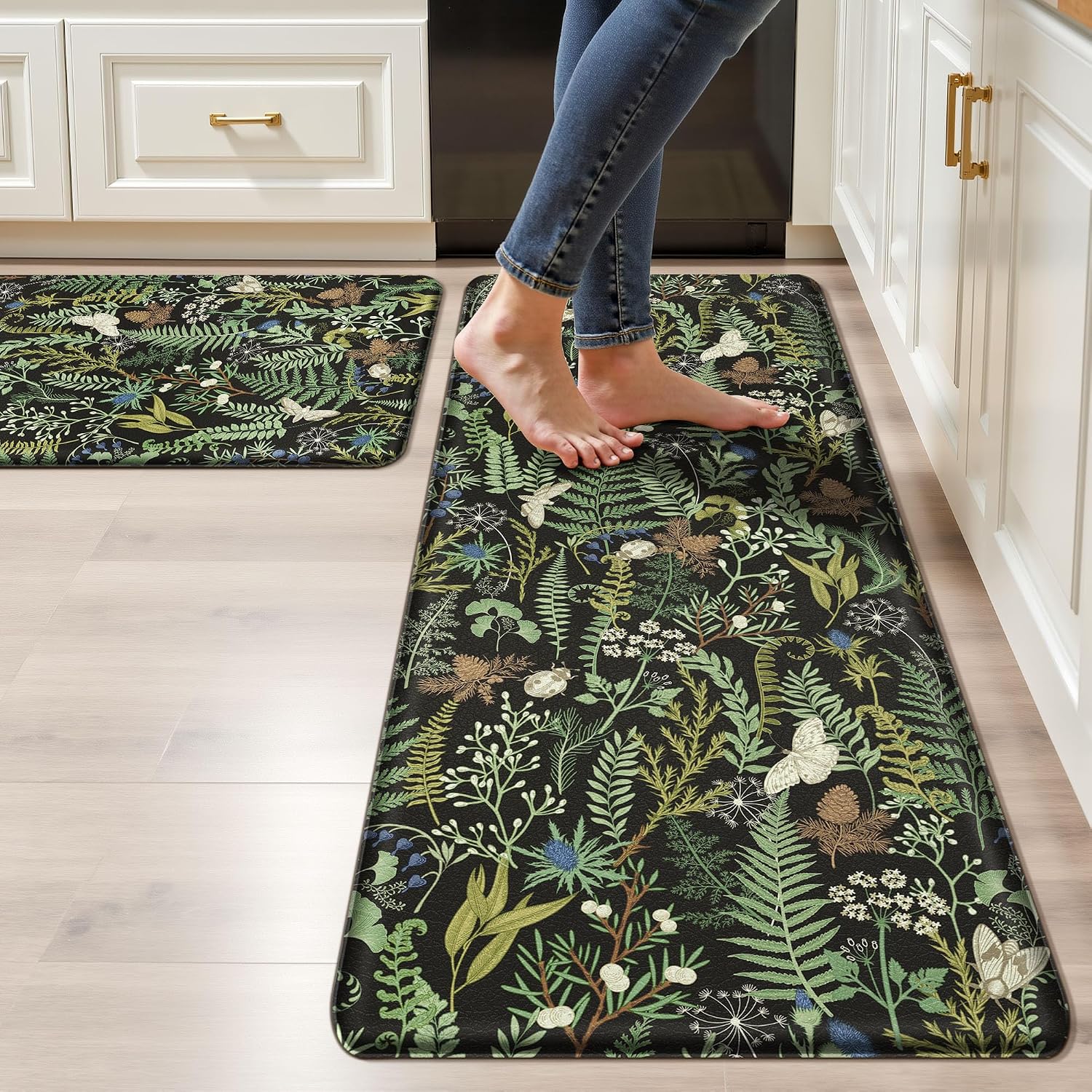 Black Green Botanical Anti Fatigue Kitchen Mat Set