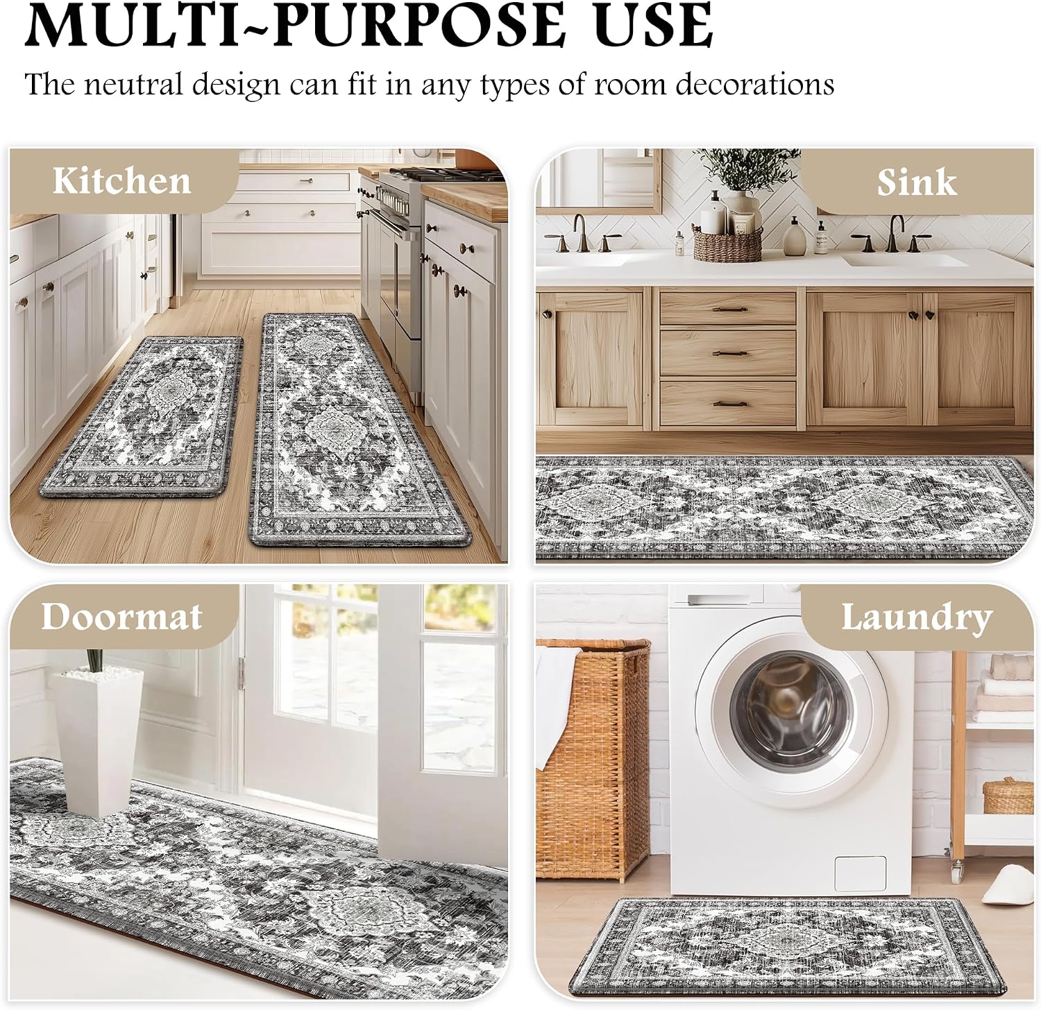 Dark Grey Boho Anti Fatigue Kitchen Mat Set