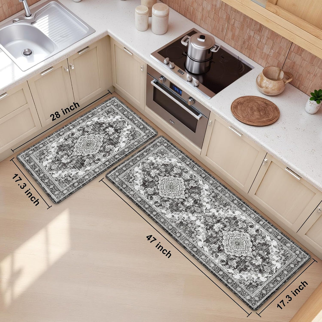 Dark Grey Boho Anti Fatigue Kitchen Mat Set