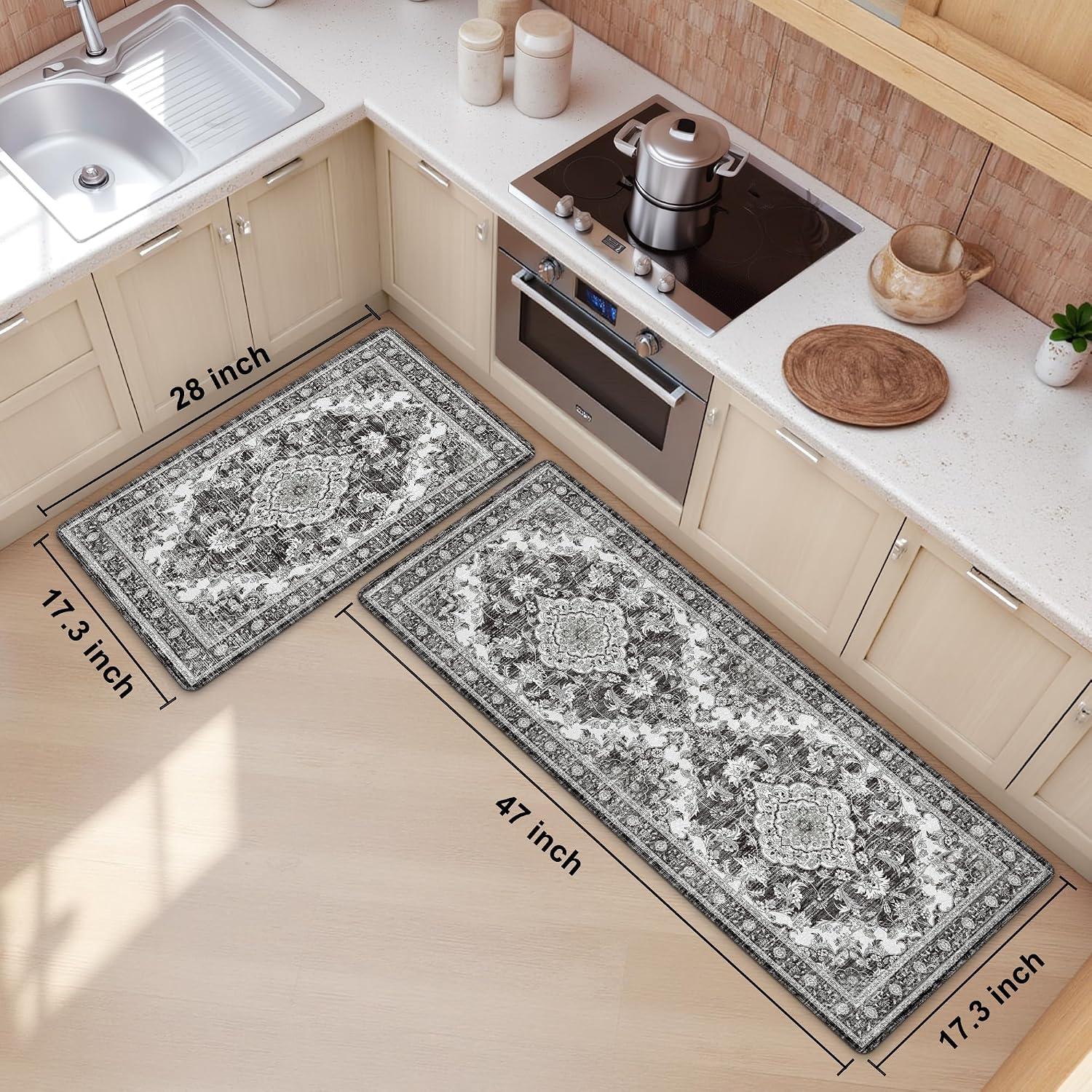 Dark Grey Boho Anti Fatigue Kitchen Mat Set