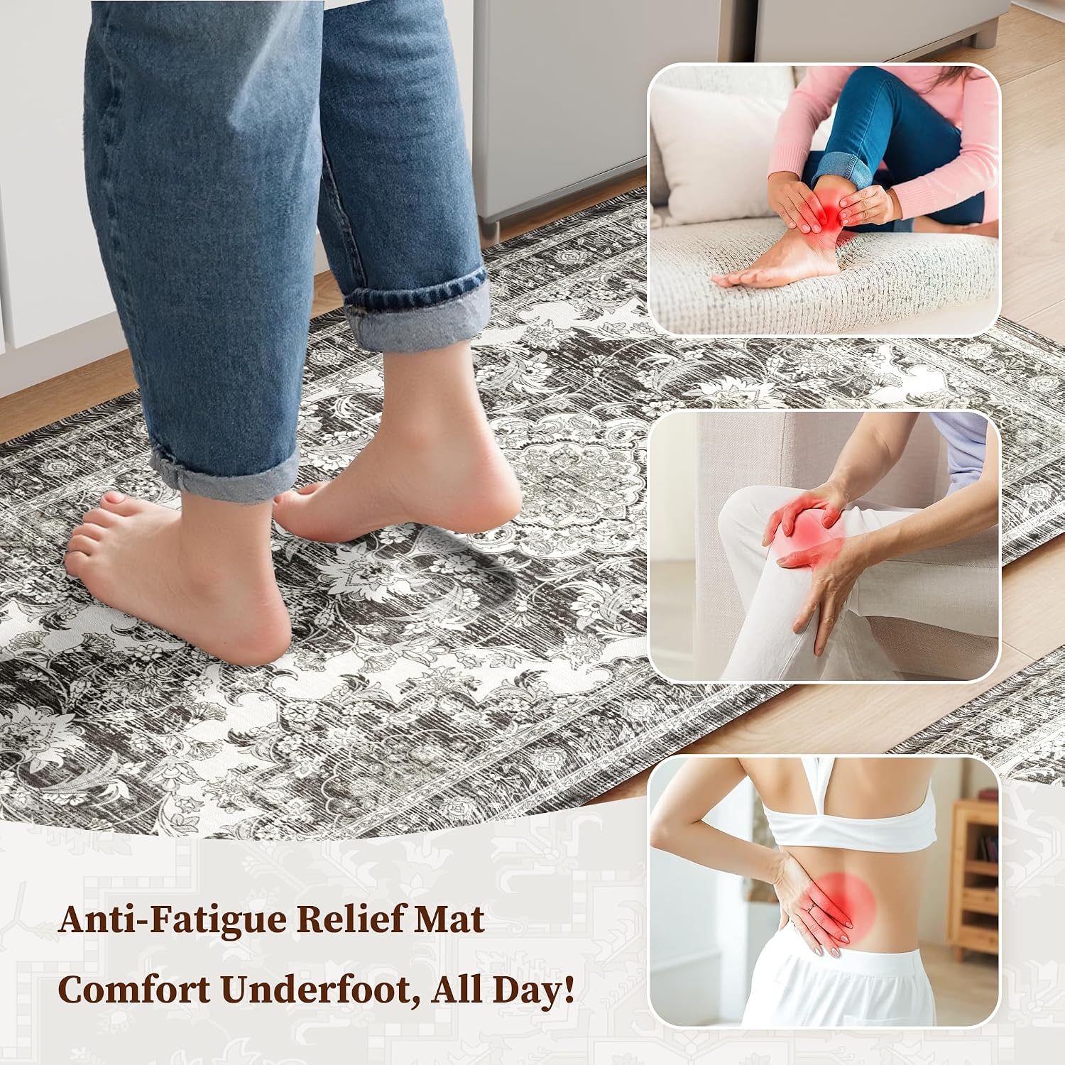 Dark Grey Boho Anti Fatigue Kitchen Mat Set