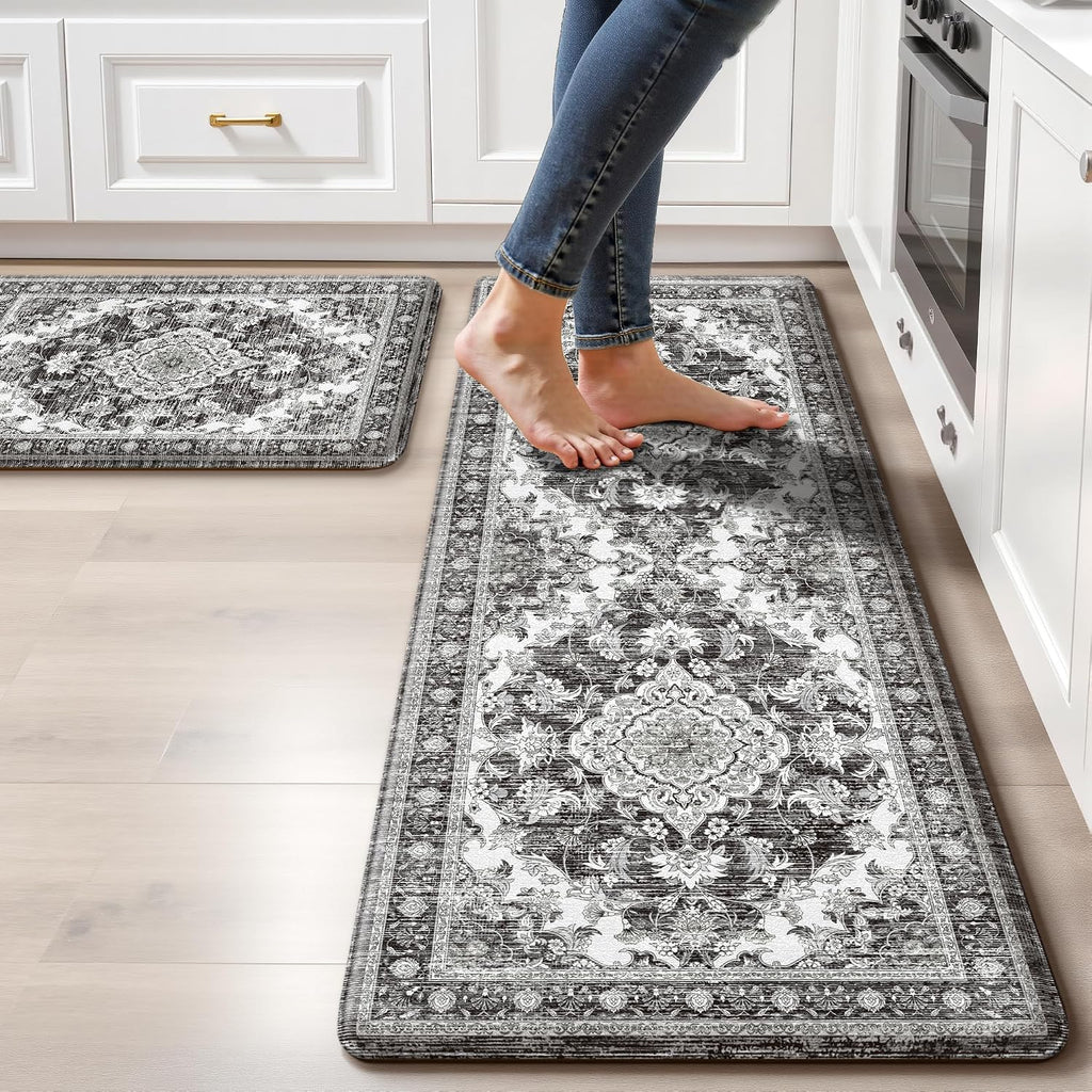 Dark Grey Boho Anti Fatigue Kitchen Mat Set